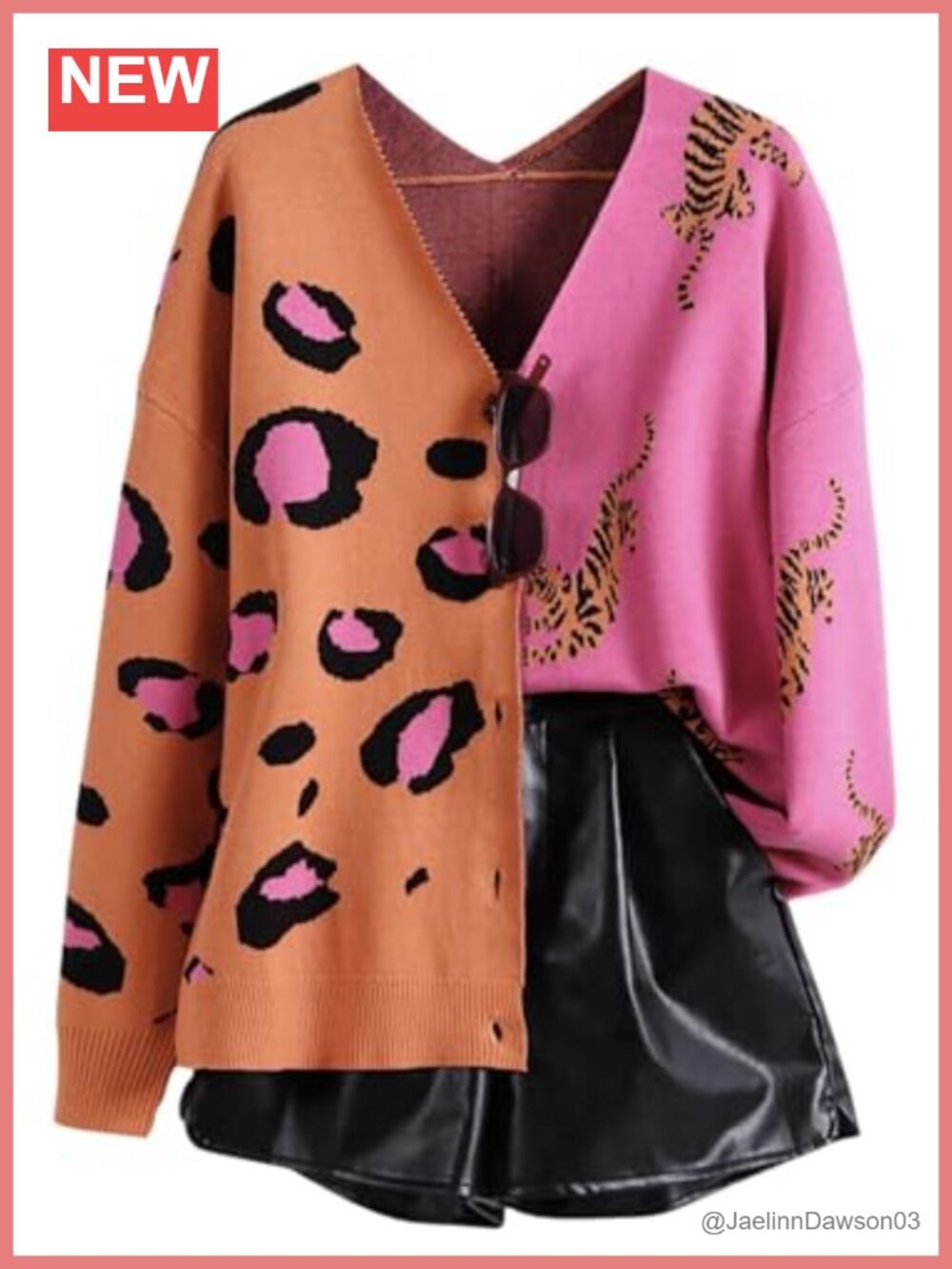 Women's Color Block Button Down V Neck Animal Print Cardigan Sweater